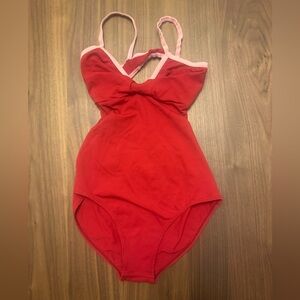 KH Martin, Camisole Leotard, Red with Pink Trim, V-Neck, Open Back, Size 3/S